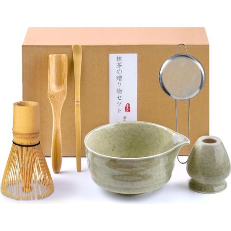 Matcha Set - Chawan Tasse En Chasen Bambou Bezem - Ensemble Thé Vert Traditionnel Avec Passoire En Acier Inoxydable Et Porte-Lepel Céramique - 6 Pièces (1/5)