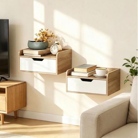 Lot de 2 chevets suspendus avec tiroir et plateau à rebords 40 x 30 x 19,5 cm OKWISH (1/5)
