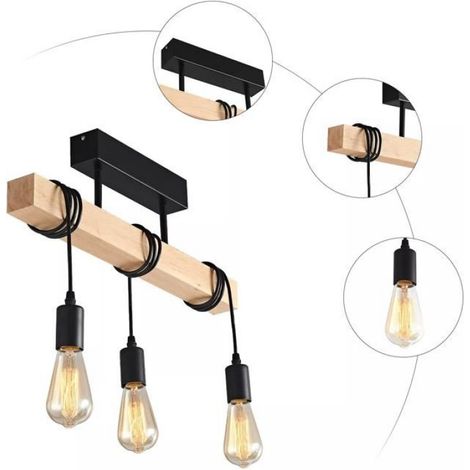 Plafonnier - Vintage 3 flammes - Design industriel - Bois massif & acier noir - Culot E27, dimmable (1/5)