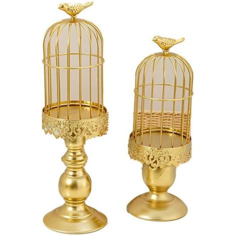 2 Pièces Rétro Cage à Oiseaux Bougeoir Métal Fer Art Chandelier Fête de Mariage Maison Tables Centres de Table Décoration Or (1/4)