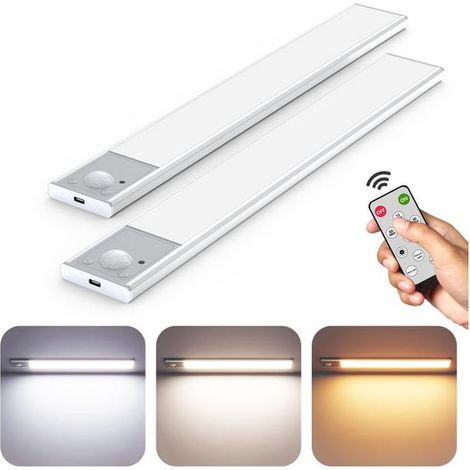 Lot de 2 lampes sous-meuble avec télécommande et capteur de mouvement, lampe de placard rechargeable à intensité variable de 30 cm, 3 couleurs (1/5)
