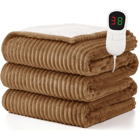 Couverture chauffante beige 130 x 160 cm, 1/2/4/6/8 heures d'arrêt automatique, 10 niveaux de chaleur, protection contre la surchauffe, couverture en flanelle douce et lavable (1/5)