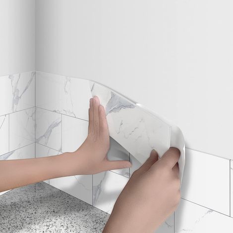Lot de 16 autocollants 3D en vinyle effet marbre blanc de 10,2 x 20,3 cm, crédence autocollante, dos adhésif en mousse pour murs de cuisine et de salle de bain (1/5)
