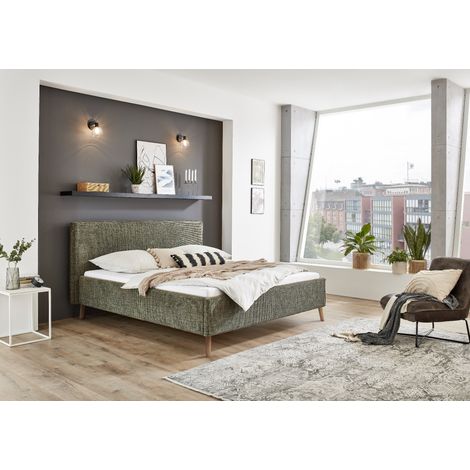 Meise Möbel Polsterbett Riva 160x200 cm Doppelbett Bettgestell Kopfteil mit Keder Webstoff Moosgrün Holzfuß eichefarbig (1/5)