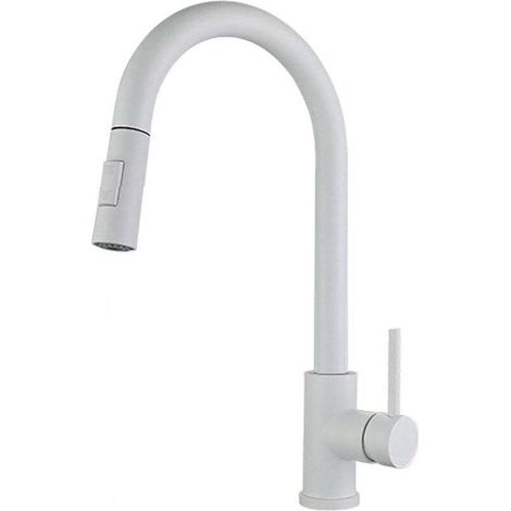 Robinet de cuisine, blanc, en acier inoxydable, à grand arc, extensible et pivotant à 360°, mitigeur d'évier à levier unique avec 2 modes, robinet de cuisine extensible (1/4)