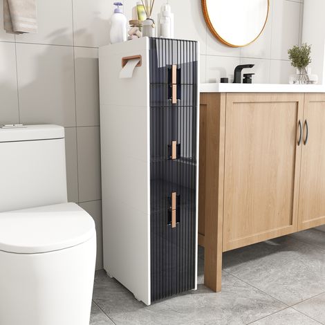 Meuble de rangement étroit en PP avec 3 grands et 1 petit tiroir, 2 couvercles, roulettes avant et pieds antidérapants, pour salle de bain, coloris blanc (1/5)