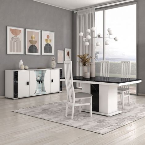 Séjour buffet + table repas blanc et aspect marbre noir - TAHOE (1/5)