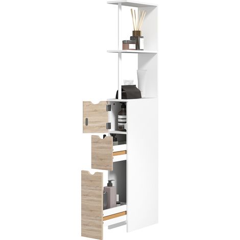 Platzsparende, mobile Badezimmersäule mit Schrank, Regalen und Schubladen, 15 x 33 x 136,8 cm, Holzfarbe