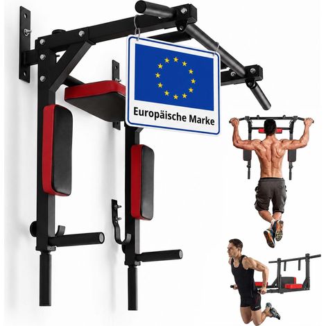 Relaxdays Klimmzugstange mit Dip Station, Wandmontage, 150 kg, Stahl, HBT: 76 x 94 x 48 cm, 2-in-1 Pull up Bar, schwarz