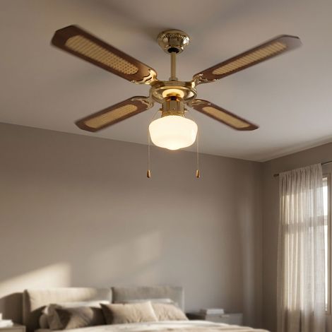 LED Deckenventilator Deckenlampe Ventilatorleuchte, Sommer Wintermodus, Zugschalter 3 Stufen, Glas opal, MDF braun, 1x E27, D 105 cm