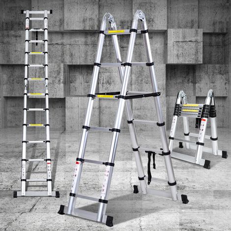 SWANEW Scala telescopica Alu Argento Scala pieghevole 1,9M+1,9M A Quadro Scala con barra di sostegno Scala in alluminio Estensibile Scala scorrevole Antiscivolante Scala multiuso che può sopportare fi (1/5)