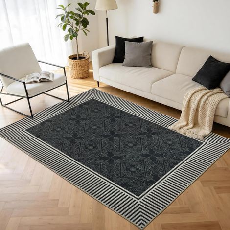 Tapis de salon, 120 x 180 cm, lavable, noir et blanc, rayé, antidérapant, à poils courts, doux, style bohème, grand tapis en fausse laine pour salle à manger, cuisine, salle de bain, étude (1/5)