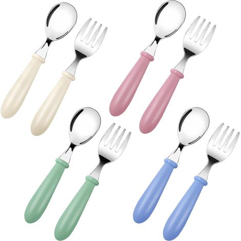 Set di posate per bambini in acciaio inossidabile da 8 pezzi: 4 forchette, 4 cucchiai, set di posate per neonati con manici rotondi per bambini e bambine, per uso domestico e scolastico (verde, blu, r (1/5)