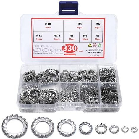 330 Pieces Clamping Washer with Outer Teeth Stainless Steel Washers Locking Fixing Tool Assortment Kit M2.5 M3 M4 M5 M6 M8 M10 M12 (1/5)