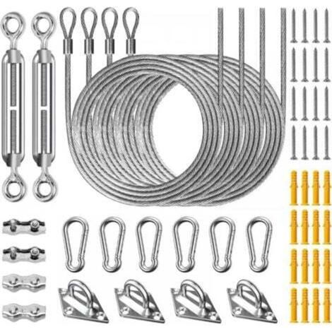 Kit de Fixation Voile d'Ombrage pour Patio 52 Pièces, Acier Inoxydable 304 Kit Accessoires de Fixation Attache Toile ombrage Installation, avec Tendeur Réglage + 2m Corde en Acier