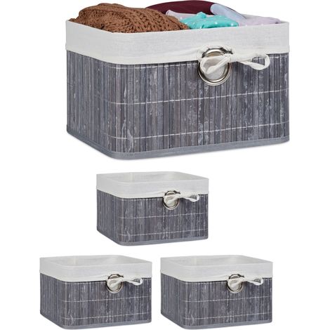 Set of 4 Relaxdays Storage Basket, Fabric Lining, Bamboo, Rectangular, Bathroom, Accessories, HxWxD: 20x31x31cm Grey