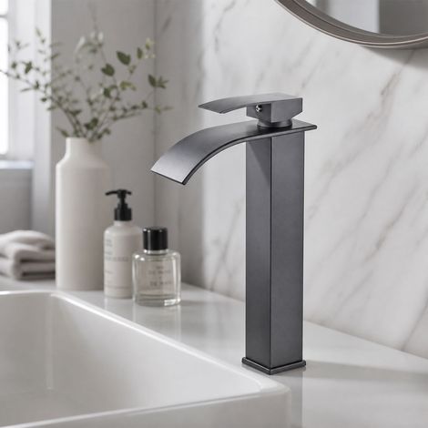 Robinet lavabo cascade gris anthracite, bec plat surélevé 305mm, mitigeur eau chaude et froide avec flexible inox, design carré moderne (1/5)