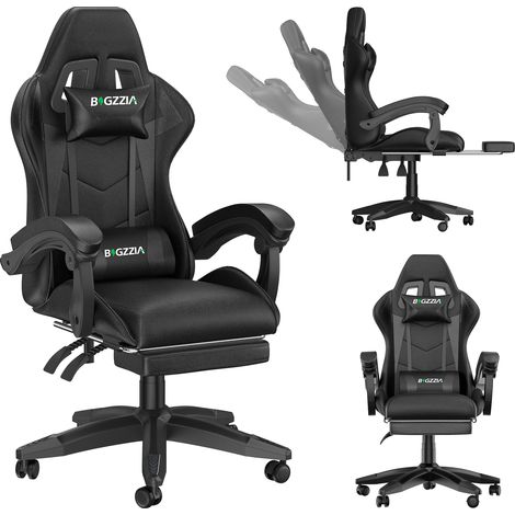 Gaming-Bürostuhl mit ergonomischer Fußstütze, 90°-Drehfunktion, Lendenkissen und Kopfstütze, höhenverstellbar – Schwarz