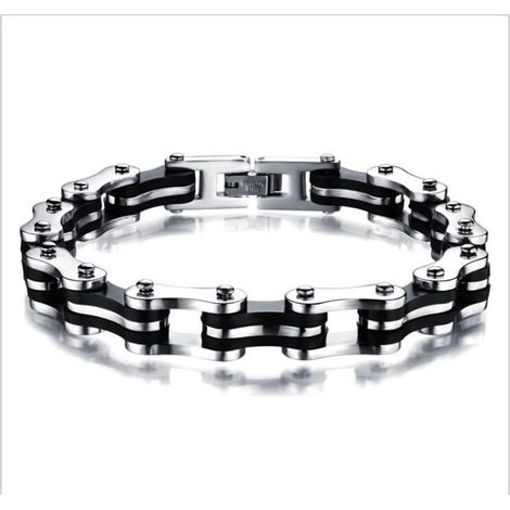 Bracelet - Yonger - Chaine Moto - Acier Inoxydable - Caoutchouc Noir - 215 mm Longueur