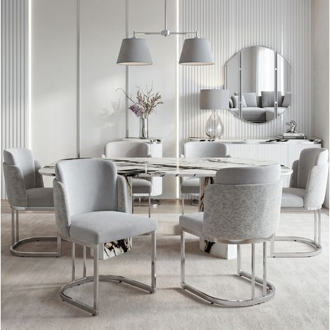 Set aus 6 Esszimmerstühlen, doppelte Rückenlehne, Chenille, grau silber (1/5)