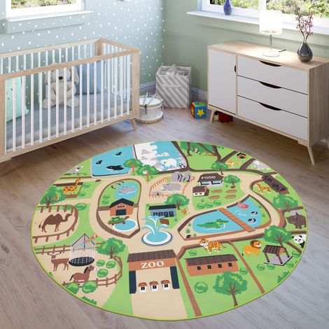 Paco Home Tapis pour enfants, tapis de jeu pour chambres d'enfants, zoo avec tigre, ours, lion, coloré 200 cm rond
