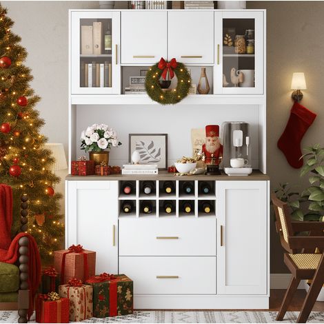 Buffet 120/36,3/180 cm avec LED et prise, 6 portes et tiroirs, blanc/noir (1/5)