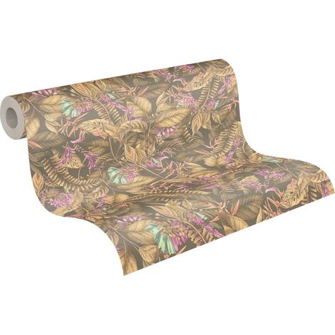 Papier peint nature plantes et fleurs marron, mauve & vert Tapisserie style tropical jungle Papier peint feuillage idéal salon et couloir (1/5)