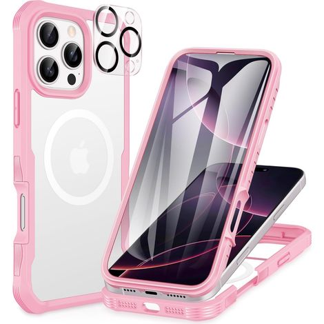 Magnétique Coque iPhone 16 Pro, Compatible avec MagSafe intégré Verre Trempé Protection écran et Protecteur Caméra, 360° Antichoc Téléphone Housse Double Face Case Intégrale Etui - Rose (1/5)