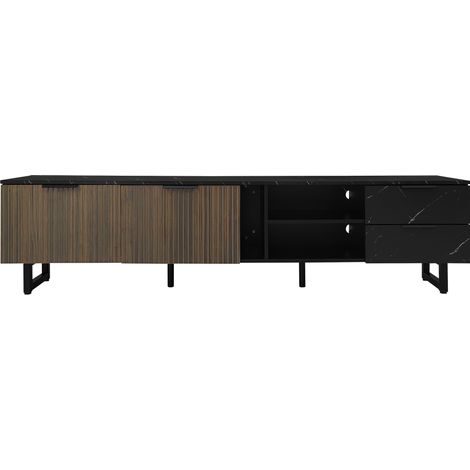 Meuble TV 200 cm noir effet marbre avec portes effet bois, éclairage LED réglable, 2 portes, 2 tiroirs, compatible aspirateur robot (1/5)
