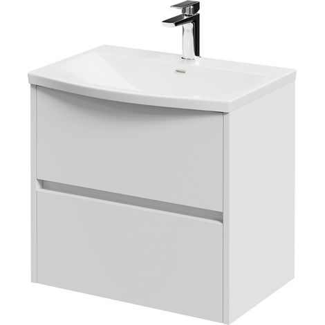 Montego Satin White 600mm Wall Mounted 2 Drawer Vanity Unit with Arc Basin