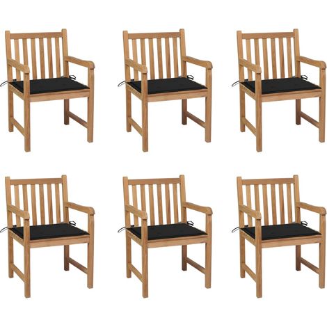 Sillas de jardín 6 uds madera maciza de teca cojines negro