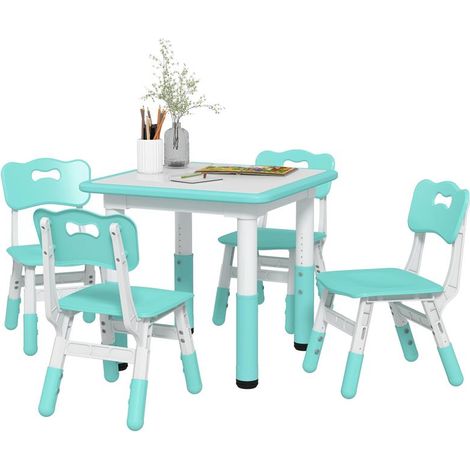 SET TAVOLO E SEDIE PER BAMBINI 5PZ CON 4 SEDIE REGOLABILI 32X36X52.5-56 CM E TAVOLO 60X60X46-58 CM. VERDE (1/5)
