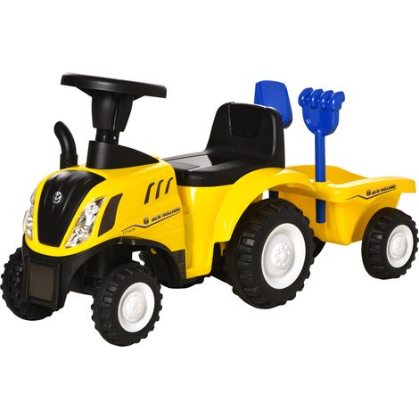 Tracteur à pédales pour enfants avec remorque, râteau et pelle, jouet éducatif pour enfants de 12 à 36 mois, 91 x 29 x 44 cm, jaune.
