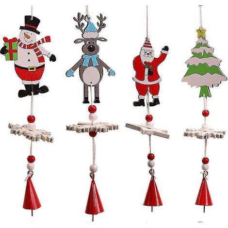 Lot de 4 carillons de Noël en bois représentant un bonhomme de neige, un renne et le Père Noël. Décoration à suspendre pour sapin de Noël. Idéal pour la décoration intérieure et les loisirs créatifs d (1/5)