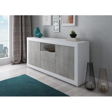 CREDENZA MOD. RAVEN CM 185X44 H. 86 BIANCO FRASSINATO E CEMENTO (1/2)