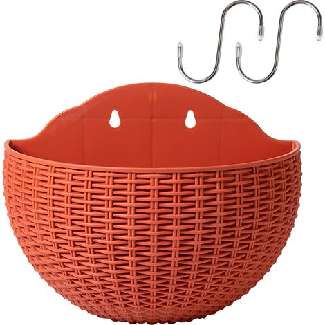 Pot mural imitation rotin pour plantes - Cache-pot mural demi-cercle avec système irrigation automatique - PP - 21x16.5x10.5cm - 2 crochets S - Rouge brique (1/5)