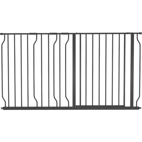 Barrera de seguridad para perros, 75-145 cm, ajustable, apertura bidireccional, sistema de doble cierre, instalación sin taladros, ABS, acero, negro. (1/5)