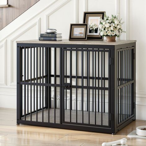 Mueble modular para jaula de perros con 3 puertas, aparador o mesita de noche 2 en 1 para TV, tapa impermeable, sistema combinable, dimensiones exteriores 84x56x66 cm, color gris. (1/5)