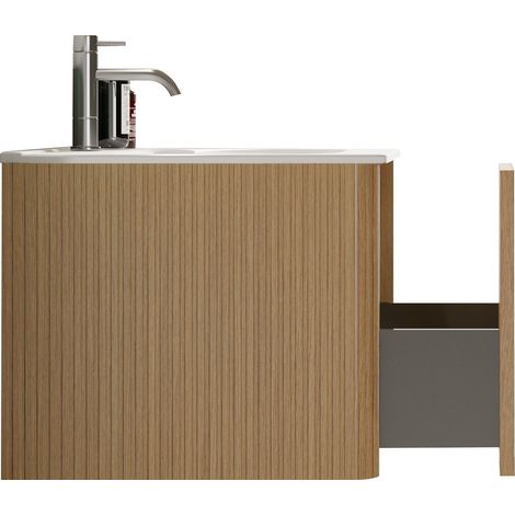 Lavabo 80cm avec meuble sous vasque pour salle de bain moderne, vasque en résine minérale, design cannelé, meuble mural 80cm chêne, prémonté (1/5)