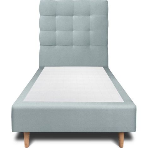 Lit 90x190cm avec tête de lit capitonnée velours et sommier tapissier gris bleuté - Hauteur totale : 35cm (1/4)