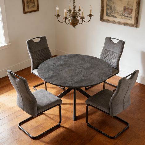 Ensemble de table à rallonges, table ronde en MDF de 120 à 160 cm(4 chaises, tissu, gris)