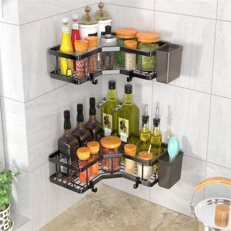 Badezimmer-Eck-Organizer aus Eisen, dreieckig, Wandhalterung, 2 Ebenen + Organisationsbox  2 + Haken  4, Schwarz, 27 x 27 x 6,5 cm
