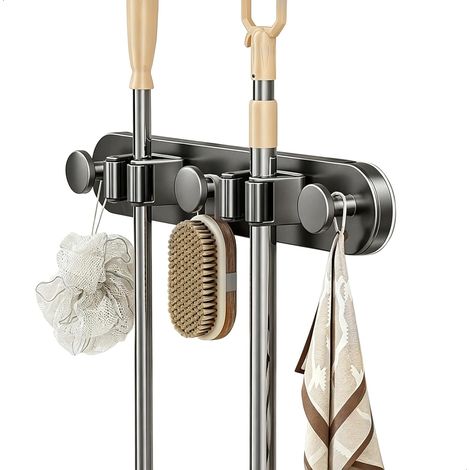 Accroche Balai Mural Sans Percer, Porte Balais Mural Sans Percage, Support à Ventouse Attache Balai Mural, Pour Ranger Balais à Franges, Balais, Chiffons et Brosses de Nettoyage, Gris (1/5)