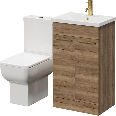 Alessio Tobacco Oak 500mm Vanity Unit and Toilet Suite including Open Back Toilet and Floor Standing Vanity Unit with 2 Doors and Brushed Brass Handles (1/5)
