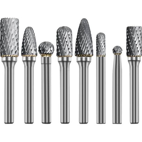 8pcs 6mm Shank Tungsten Carbide Double Cut Rotary Burr Set for Woodworking Engraving Grinder Carving Milling Cutter Set (1/4)
