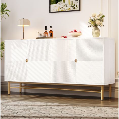 Buffet 4 portes, 160x40x82 cm, avec fermeture douce, en MDF et panneaux de particules, blanc (1/5)