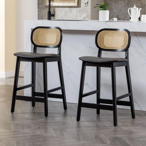 Barhocker 2er Set mit Rattan-Rückenlehne, Holz & PU-Leder, 66cm Sitzhöhe, Schwarz (1/5)