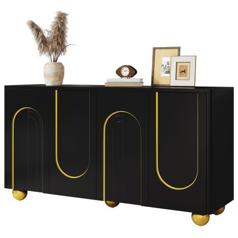 Mobile da soggiorno, credenza a quattro ante, mobile contenitore per sala da pranzo con decorazione ad arco dorato, con piedini in metallo a forma di sfera per corridoio e soggiorno (1/5)