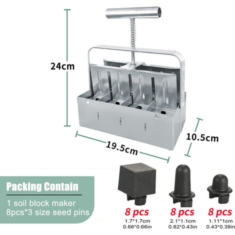 Marcador de suelo con mango ergonómico – 8 compartimentos de 2 pulgadas – Juego de bloques de tierra manuales para horticultura – con 3 clavijas diferentes para la propagación de plantas (1/4)