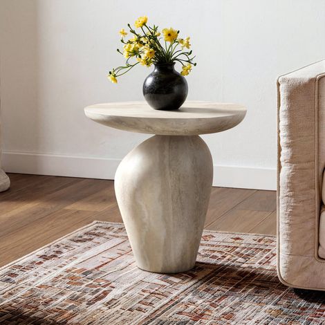 Fiberglass Side Table,Pedestal Sofa Table Stone-Effect Accent Table (1/5)